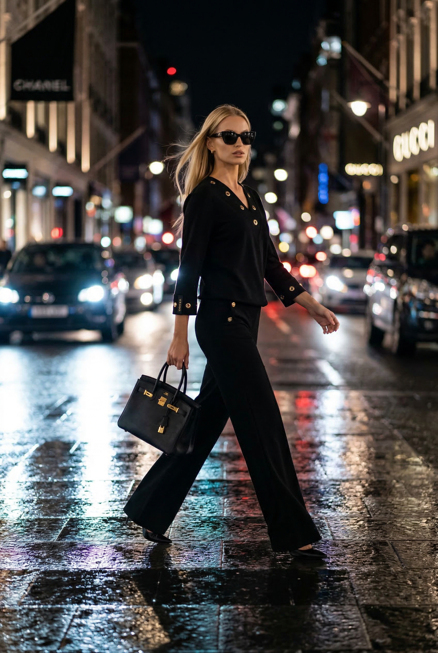 "Modni komplet VOLONTÉ z zlatimi detajli – model v črni barvi, eleganten videz"